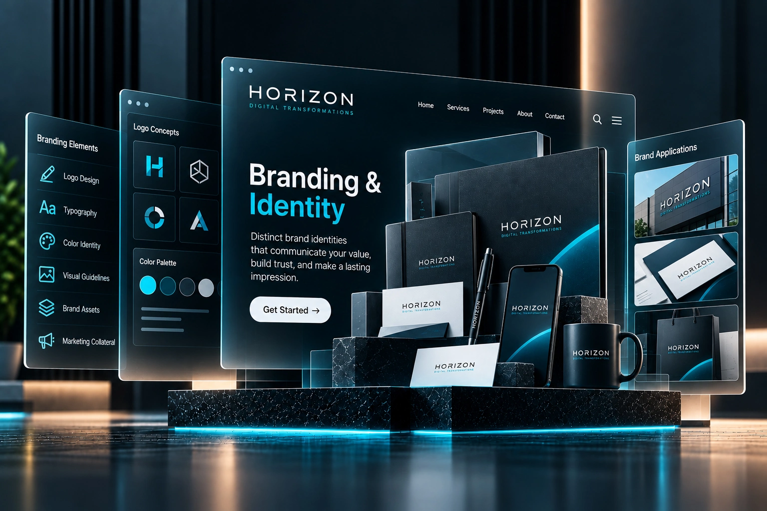 HORIZON branding and identity design with logo, colors, typography, and brand applications
