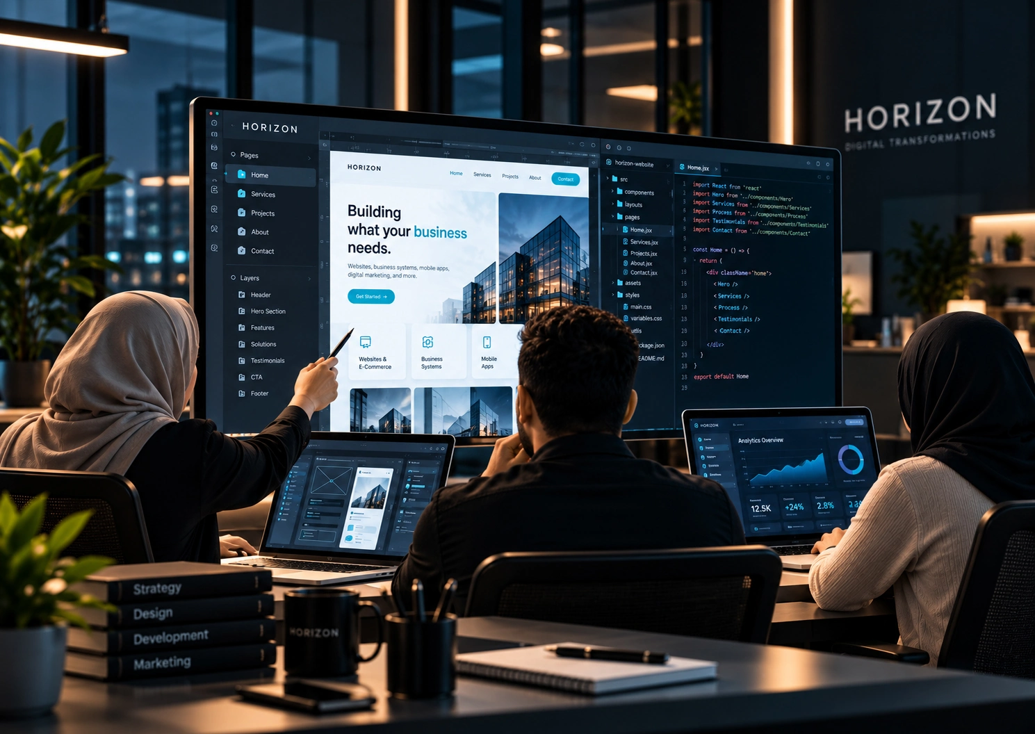 HORIZON team working on website design, development, and digital solutions