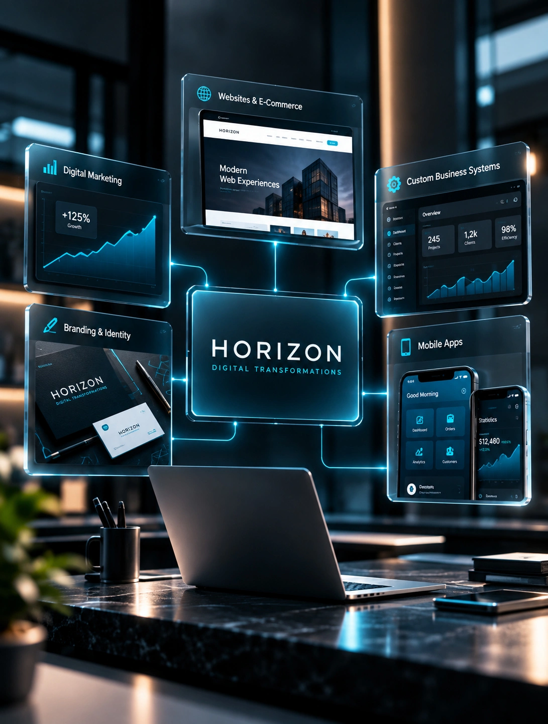 HORIZON digital transformation services across websites, marketing, business systems, mobile apps, and branding