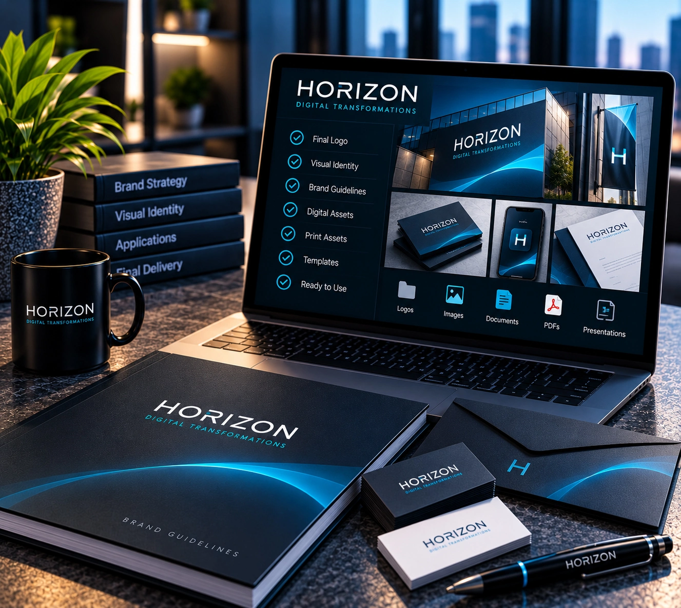 Brand identity delivery with finalized brand assets and visual guidelines for consistent digital and offline use