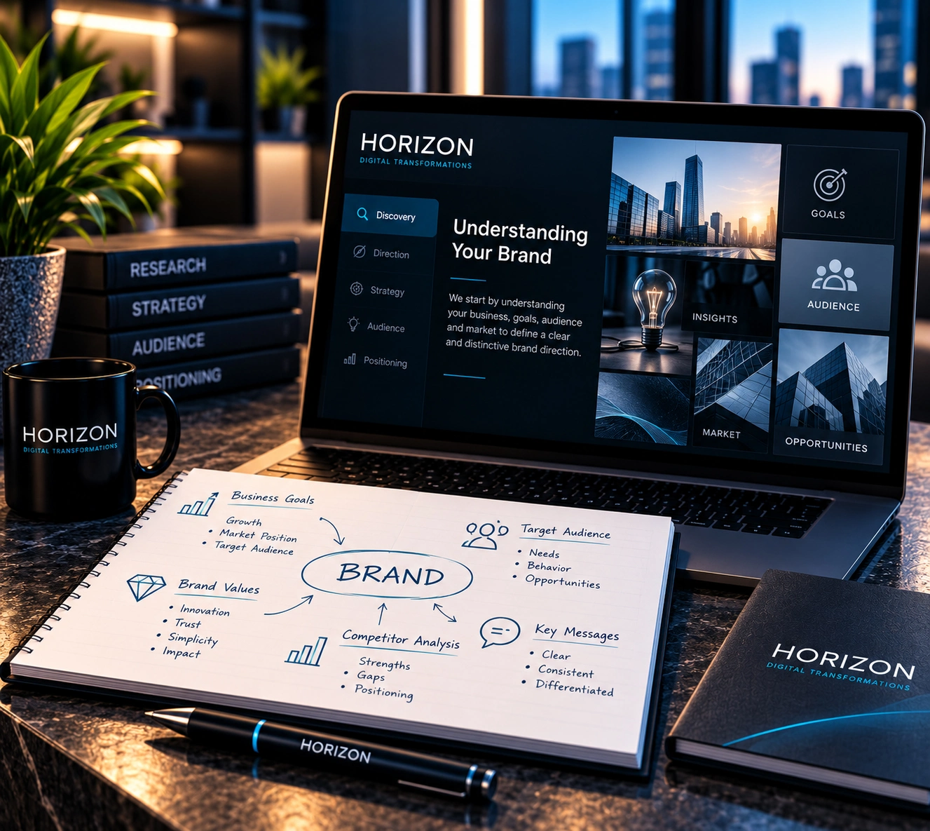 Brand strategy and visual direction process based on business goals, audience, market, competitors, and brand values