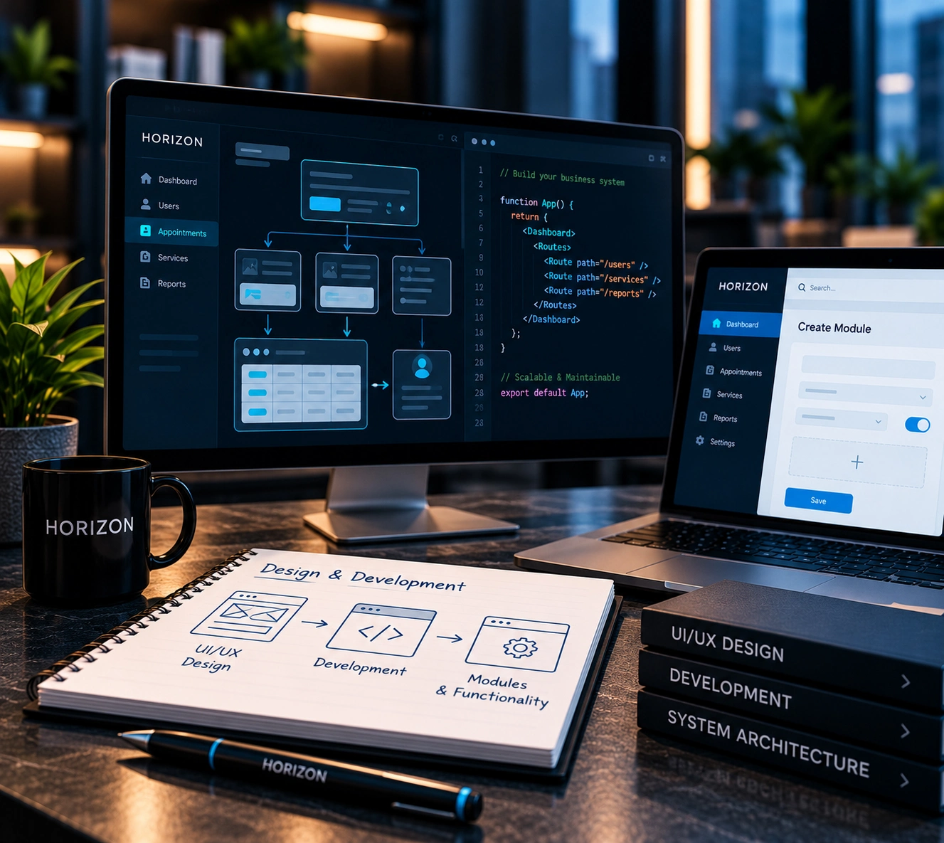 Custom business system design and development with workflows, dashboards, features, and integrations