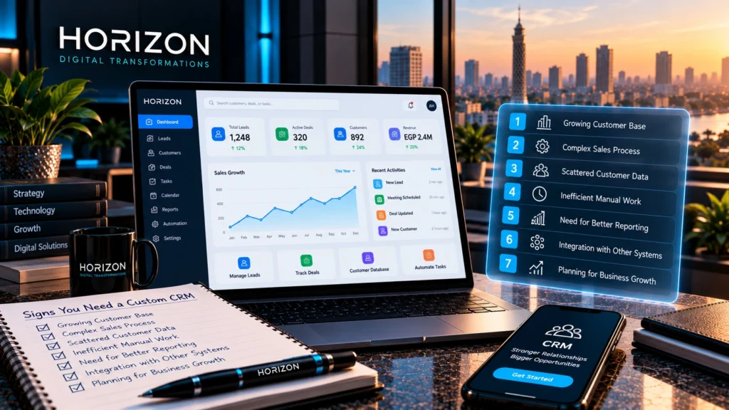 Custom CRM system dashboard displaying customer records, sales pipeline, tasks, and business analytics