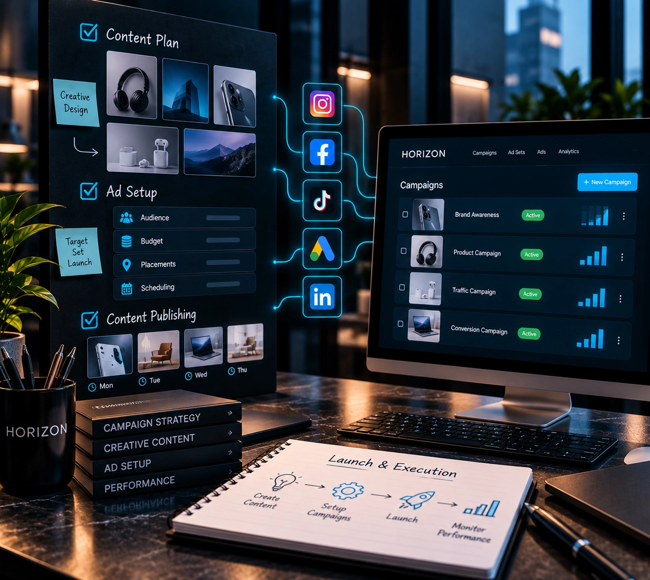 Digital marketing campaign execution across social media, paid advertising, and SEO