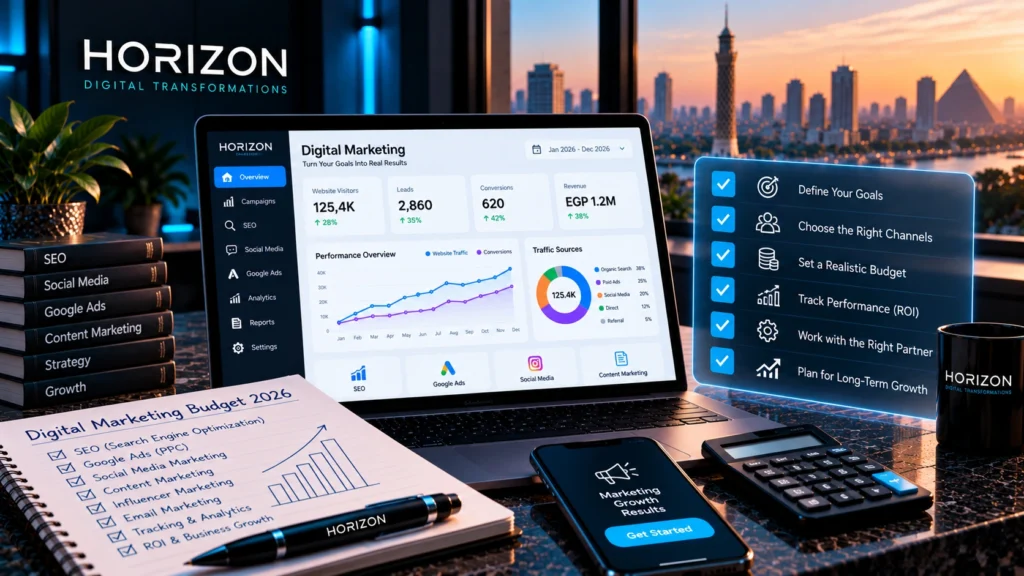 Digital marketing budget planning with advertising costs, SEO, social media, and analytics