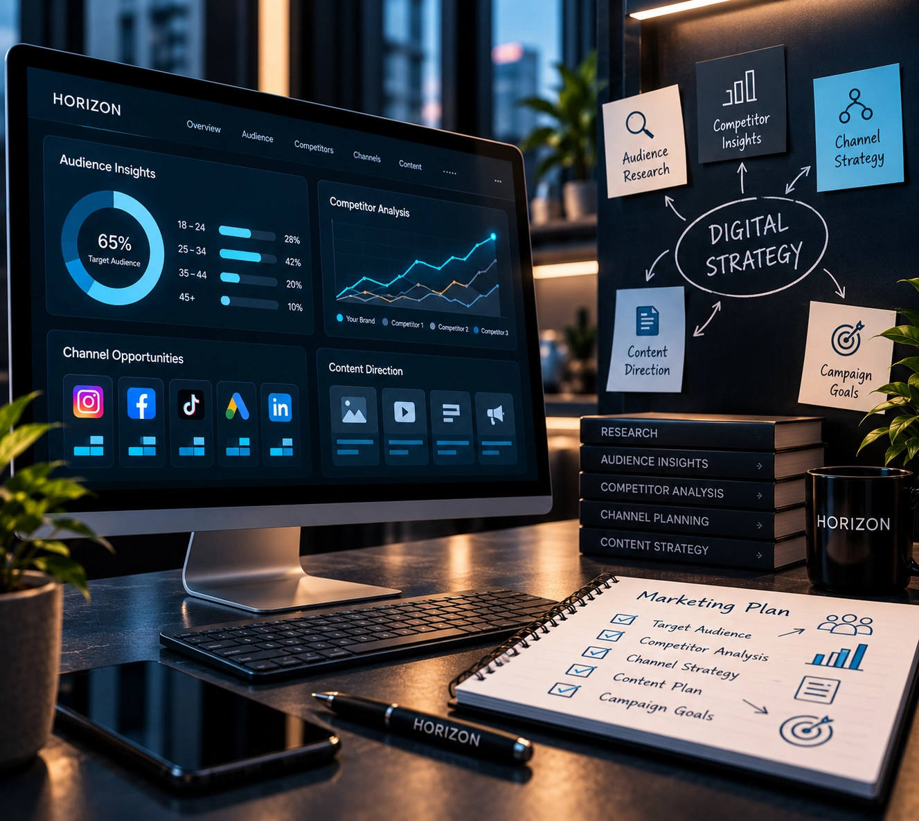 Digital marketing strategy planning based on business goals, audience, market, and competitors
