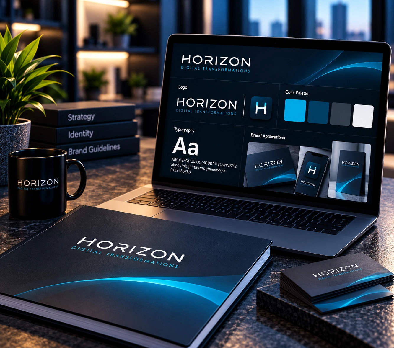HORIZON brand identity design covering logo design, visual identity, brand applications, and digital and print assets
