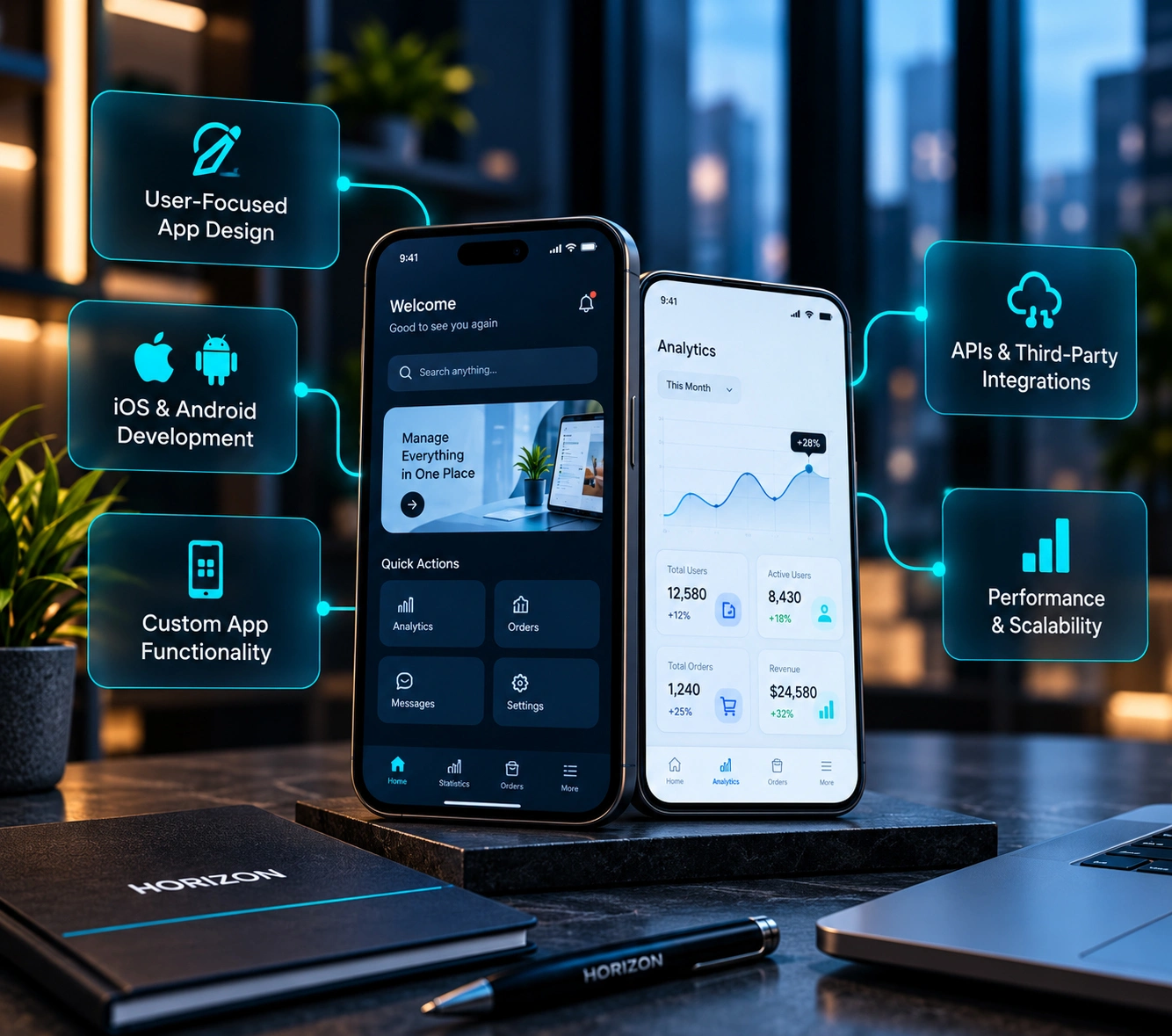 HORIZON mobile app development for iOS and Android with custom functionality, API integrations, and scalable performance