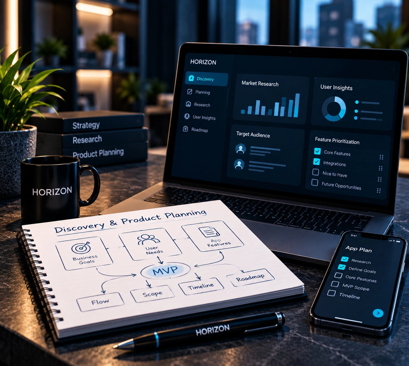 Mobile app product planning focused on business goals, target users, features, and user journeys
