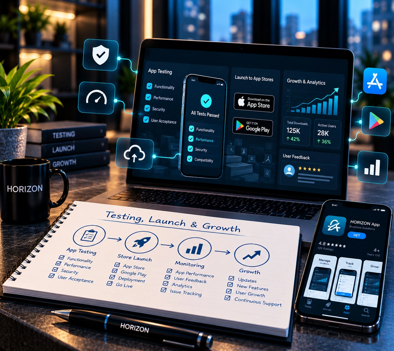 Mobile app testing and launch across devices and key user journeys before product release