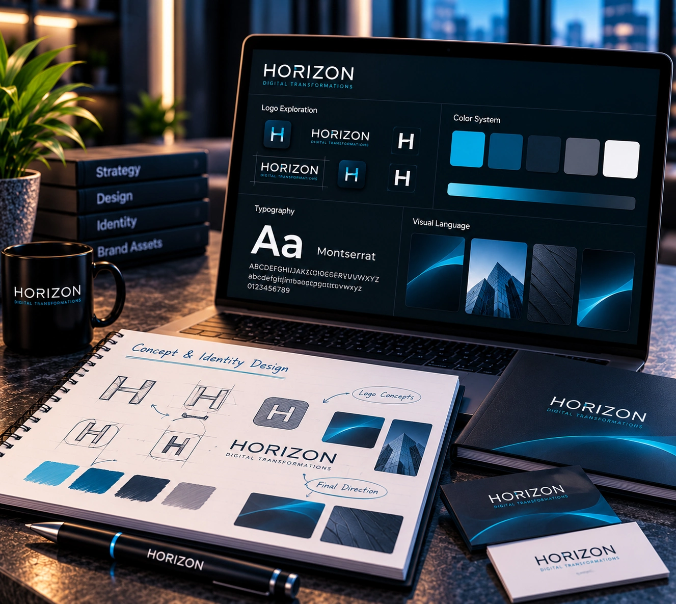 Visual identity and logo design process including typography, colors, graphic elements, and brand applications