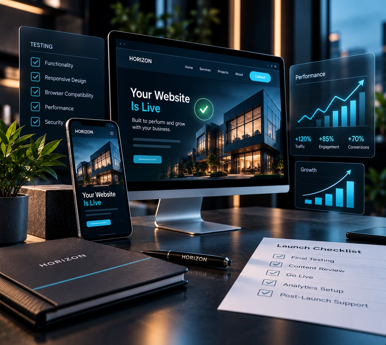 Website testing and launch process across desktop and mobile devices